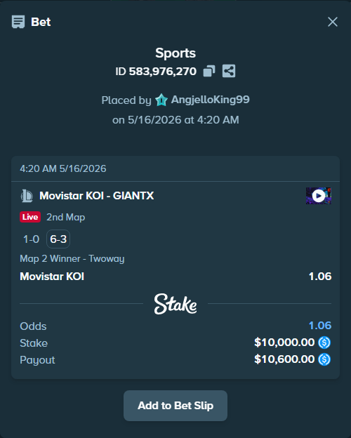 Bet slip: Movistar KOI - GIANTX, $10,000.00 stake at 1.06 odds, placed by AngjelloKing99