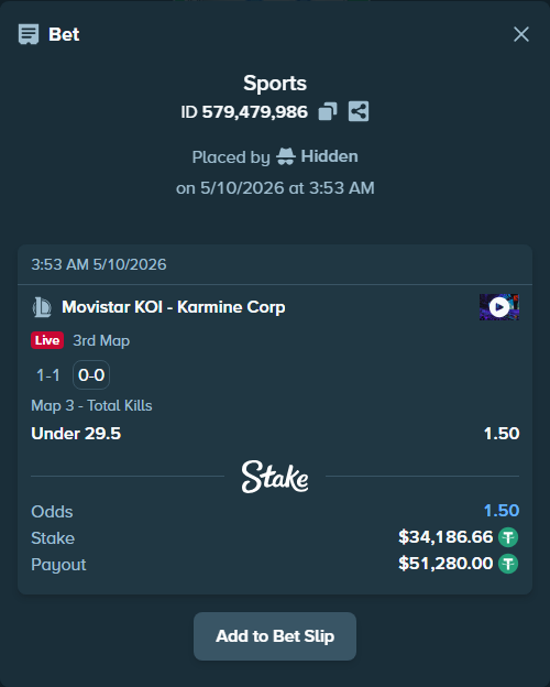 Bet slip: Movistar KOI - Karmine Corp, $34,186.66 stake at 1.50 odds, placed by Hidden