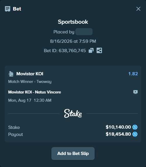 Bet slip: Movistar KOI - Natus Vincere, $10,140.00 stake at 1.82 odds, placed by Hoggtann