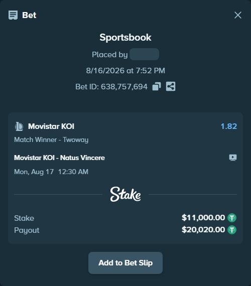 Bet slip: Movistar KOI - Natus Vincere, $11,011.00 stake at 1.82 odds, placed by Marstokk