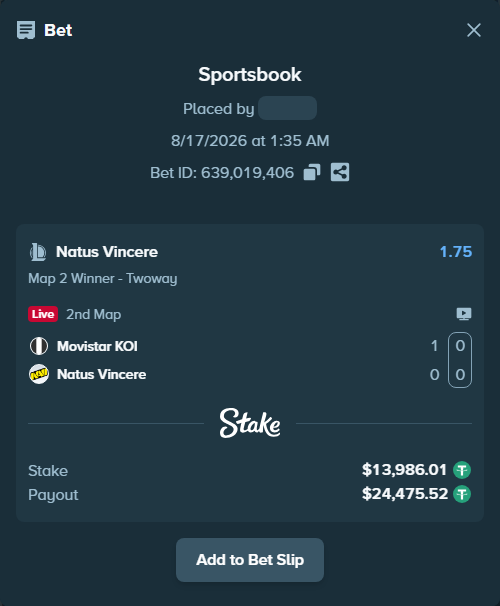 Bet slip: Movistar KOI - Natus Vincere, $14,000.00 stake at 1.75 odds, placed by fantasy7788