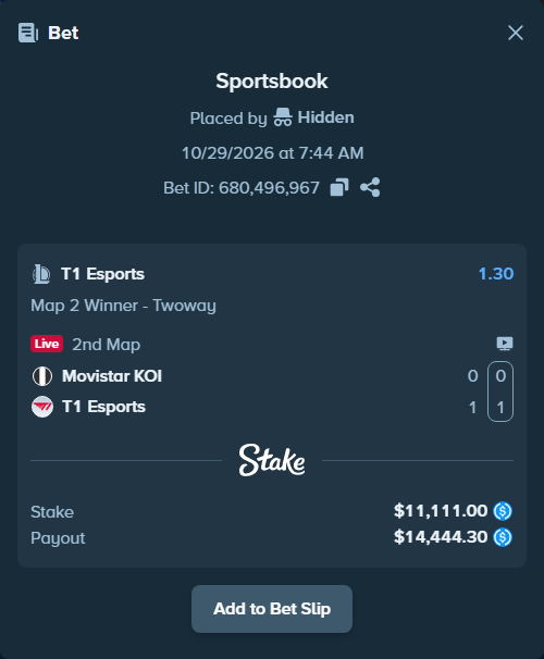 Bet slip: Movistar KOI - T1 Esports, $11,111.00 stake at 1.30 odds, placed by Hidden