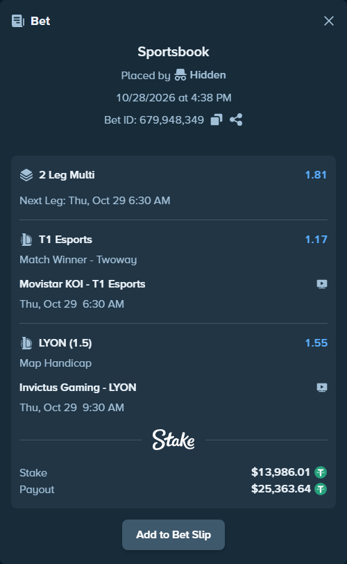 Bet slip: Movistar KOI - T1 Esports, $14,000.00 stake at 1.17 odds, placed by Hidden