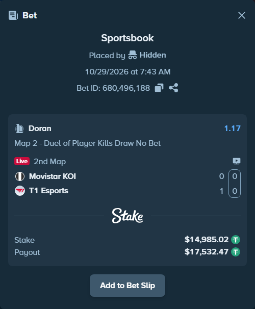 Bet slip: Movistar KOI - T1 Esports, $15,000.00 stake at 1.17 odds, placed by Dolores142