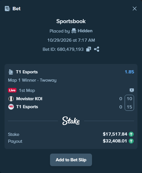 Bet slip: Movistar KOI - T1 Esports, $17,535.36 stake at 1.85 odds, placed by Hidden