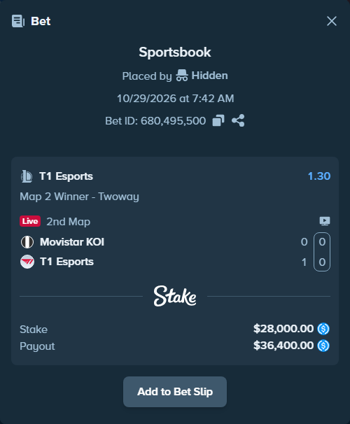 Bet slip: Movistar KOI - T1 Esports, $28,000.00 stake at 1.30 odds, placed by dumanskyi