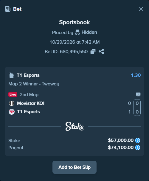 Bet slip: Movistar KOI - T1 Esports, $57,000.00 stake at 1.30 odds, placed by Hidden