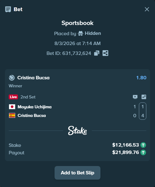 Bet slip: Moyuka Uchijima - Cristina Bucsa, $12,178.70 stake at 1.80 odds, placed by Hidden