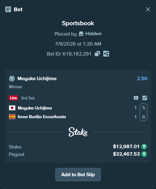 Bet slip: Moyuka Uchijima - Irene Burillo Escorihuela, $13,000.00 stake at 2.50 odds, placed by Hidden