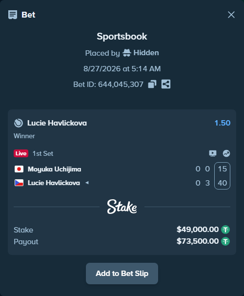Bet slip: Moyuka Uchijima - Lucie Havlickova, $49,000.00 stake at 1.50 odds, placed by Hidden