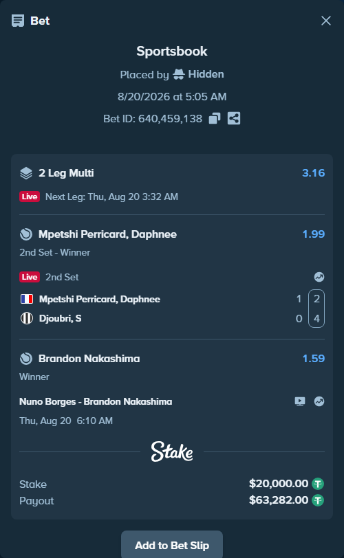 Bet slip: Mpetshi Perricard, Daphnee - Djoubri, S, $20,000.00 stake at 1.99 odds, placed by Hidden