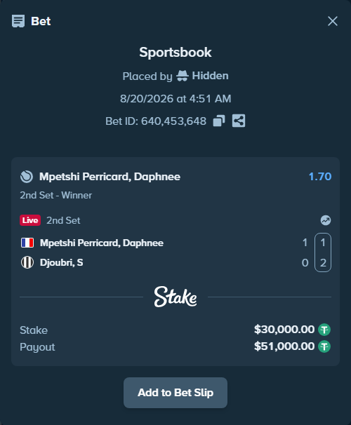 Bet slip: Mpetshi Perricard, Daphnee - Djoubri, S, $30,000.00 stake at 1.70 odds, placed by Hidden