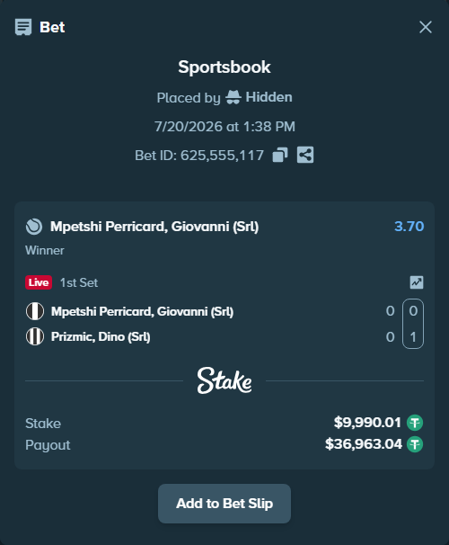 Bet slip: Mpetshi Perricard, Giovanni (Srl) - Prizmic, Dino (Srl), $10,000.00 stake at 3.70 odds, placed by Hidden