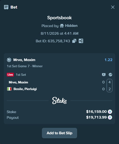 Bet slip: Mrva, Maxim - Basile, Pierluigi, $16,243.19 stake at 1.22 odds, placed by Hidden