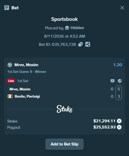 Bet slip: Mrva, Maxim - Basile, Pierluigi, $21,408.46 stake at 1.20 odds, placed by Hidden