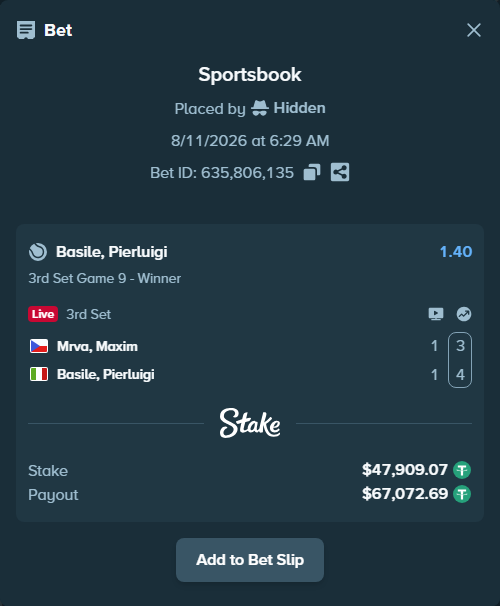 Bet slip: Mrva, Maxim - Basile, Pierluigi, $47,956.98 stake at 1.40 odds, placed by Hidden