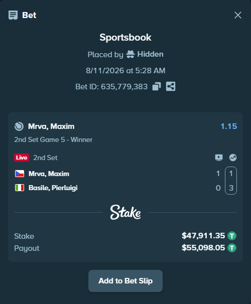 Bet slip: Mrva, Maxim - Basile, Pierluigi, $47,959.26 stake at 1.15 odds, placed by Hidden