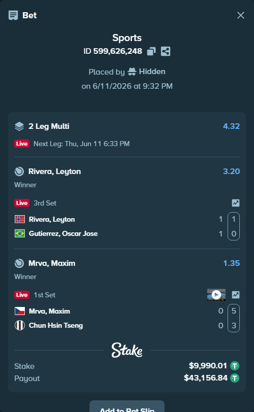 Bet slip: Mrva, Maxim - Chun Hsin Tseng, $10,000.00 stake at 1.35 odds, placed by Hidden