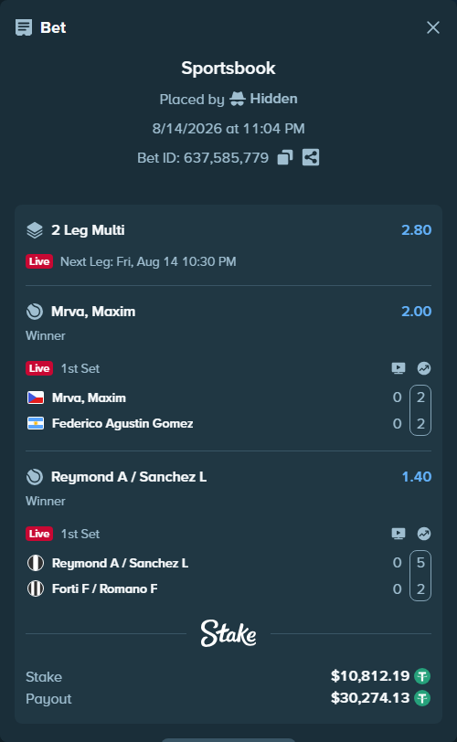 Bet slip: Mrva, Maxim - Federico Agustin Gomez, $10,823.00 stake at 2.00 odds, placed by Hidden