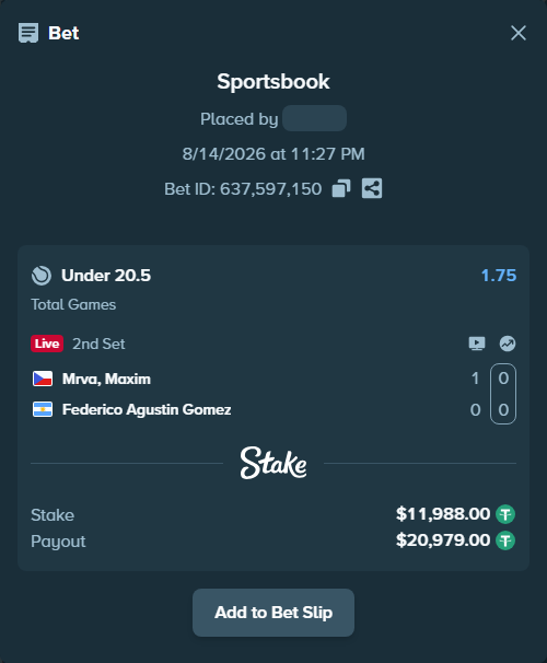 Bet slip: Mrva, Maxim - Federico Agustin Gomez, $11,999.99 stake at 1.75 odds, placed by privetmedvet15