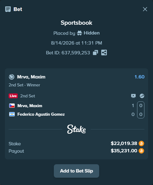 Bet slip: Mrva, Maxim - Federico Agustin Gomez, $22,068.00 stake at 1.60 odds, placed by Hidden
