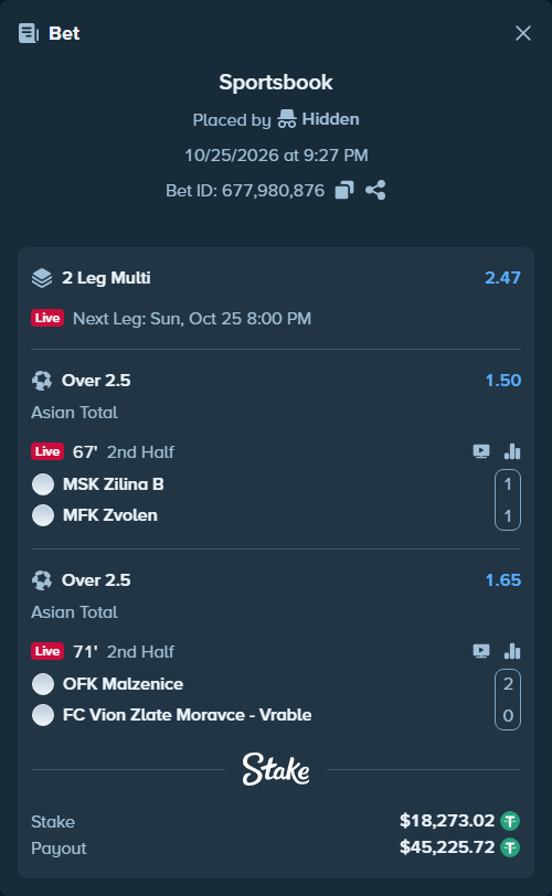 Bet slip: MSK Zilina B - MFK Zvolen, $18,291.29 stake at 1.50 odds, placed by Hidden