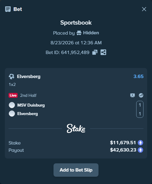 Bet slip: MSV Duisburg - Elversberg, $11,725.70 stake at 3.65 odds, placed by Hidden