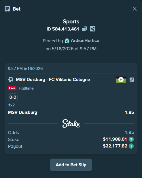 Bet slip: MSV Duisburg - FC Viktoria Cologne, $12,000.00 stake at 1.85 odds, placed by ArdianHertica