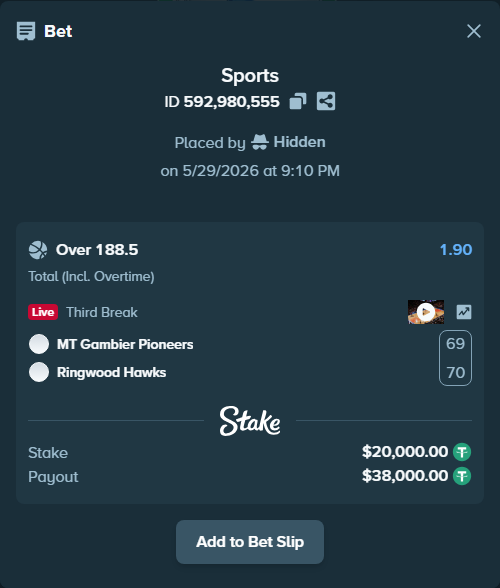 Bet slip: MT Gambier Pioneers - Ringwood Hawks, $20,020.00 stake at 1.90 odds, placed by Hidden