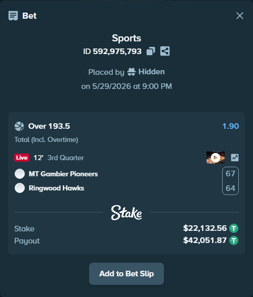 Bet slip: MT Gambier Pioneers - Ringwood Hawks, $22,154.69 stake at 1.90 odds, placed by Hidden