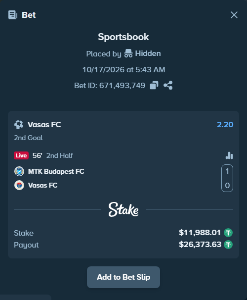 Bet slip: MTK Budapest - Vasas FC, $12,000.00 stake at 2.20 odds, placed by Hidden
