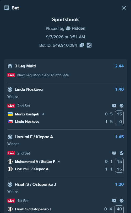 Bet slip: Muhammad A / Stollar F - Hozumi E / Klepac A, $15,610.00 stake at 1.45 odds, placed by Hidden