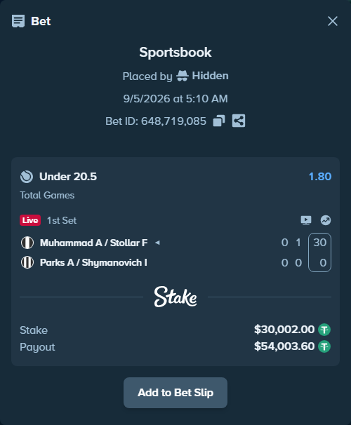 Bet slip: Muhammad A / Stollar F - Parks A / Shymanovich I, $29,999.00 stake at 1.80 odds, placed by Hidden