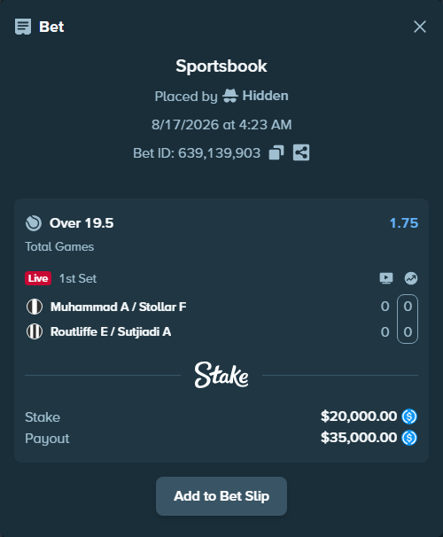Bet slip: Muhammad A / Stollar F - Routliffe E / Sutjiadi A, $20,000.00 stake at 1.75 odds, placed by Hidden