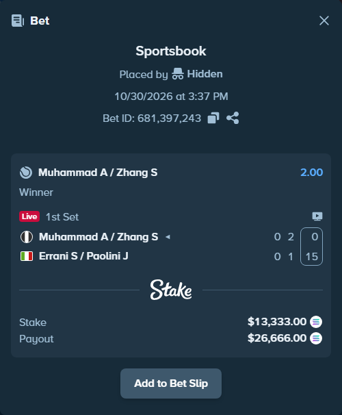 Bet slip: Muhammad A / Zhang S - Errani S / Paolini J, $13,275.68 stake at 2.00 odds, placed by Hidden