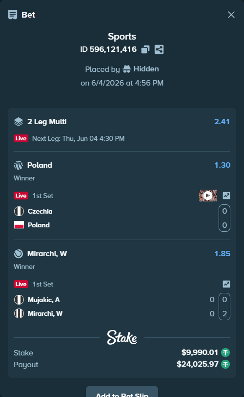 Bet slip: Mujakic, A - Mirarchi, W, $10,000.00 stake at 1.85 odds, placed by Hidden