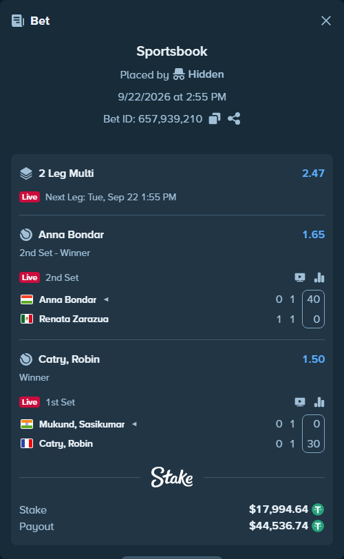 Bet slip: Mukund, Sasikumar - Catry, Robin, $17,994.64 stake at 1.50 odds, placed by Hidden