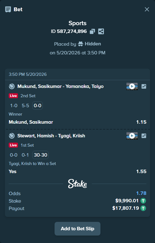 Bet slip: Mukund, Sasikumar - Yamanaka, Taiyo, $10,000.00 stake at 1.15 odds, placed by Hidden