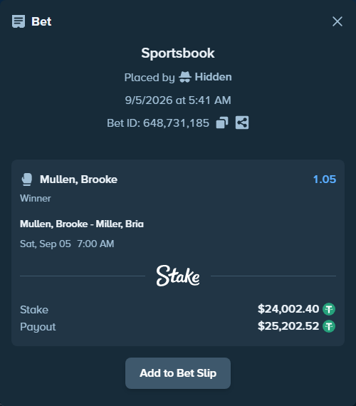 Bet slip: Mullen, Brooke - Miller, Bria, $24,000.00 stake at 1.05 odds, placed by Hidden