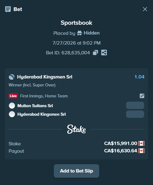 Bet slip: Multan Sultans SRL - Hyderabad Kingsmen Srl, $11,833.34 stake at 1.04 odds, placed by Hidden
