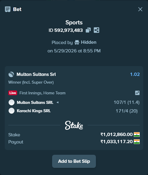 Bet slip: Multan Sultans SRL - Karachi Kings SRL, $12,154.32 stake at 1.02 odds, placed by Hidden