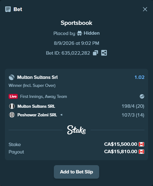 Bet slip: Multan Sultans SRL - Peshawar Zalmi SRL, $11,470.00 stake at 1.02 odds, placed by Hidden