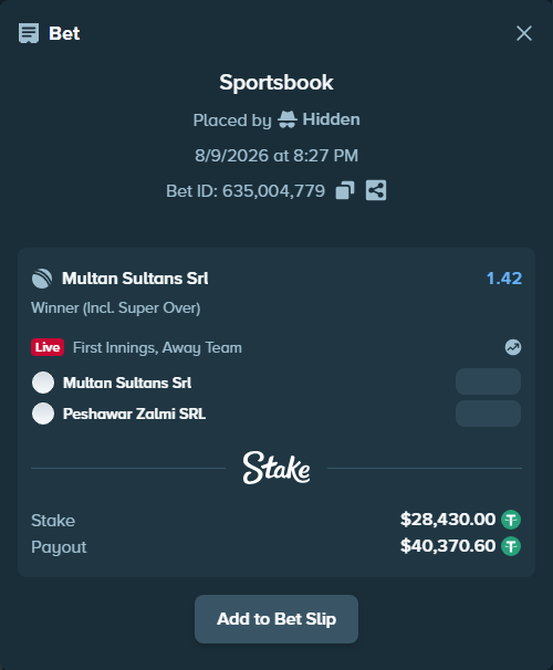 Bet slip: Multan Sultans SRL - Peshawar Zalmi SRL, $28,458.43 stake at 1.42 odds, placed by Hidden