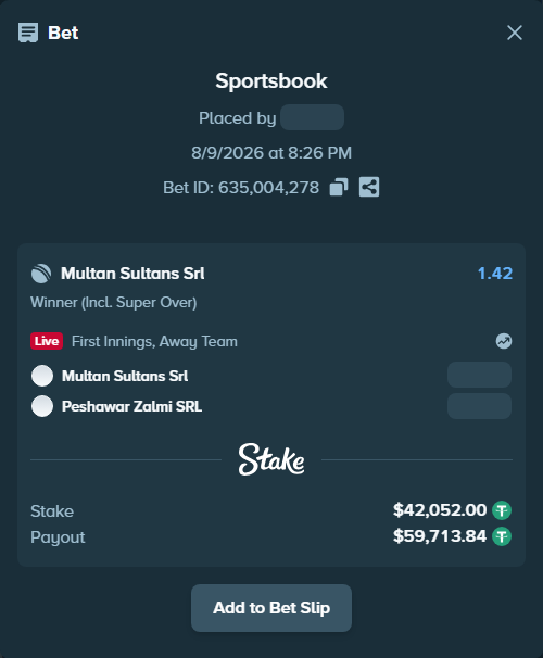 Bet slip: Multan Sultans SRL - Peshawar Zalmi SRL, $42,094.05 stake at 1.42 odds, placed by riaggo1
