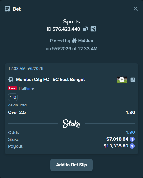 Bet slip: Mumbai City - SC East Bengal, $5,129.88 stake at 1.90 odds, placed by Hidden