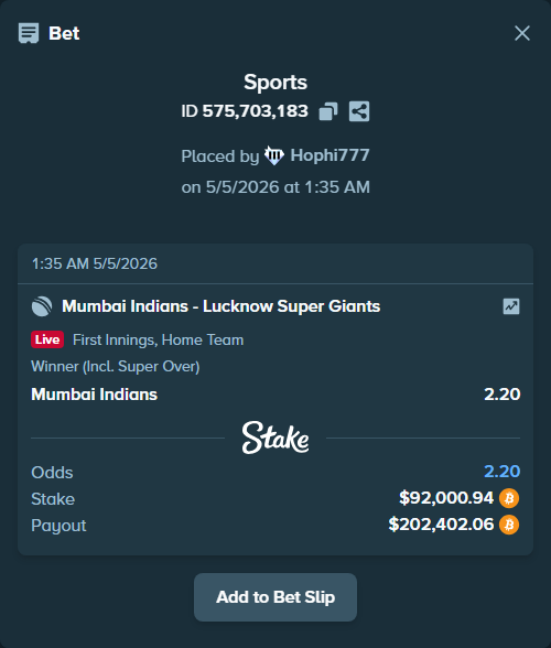 Bet slip: Mumbai Indians - Lucknow Super Giants, $74,043.34 stake at 2.20 odds, placed by Hophi777