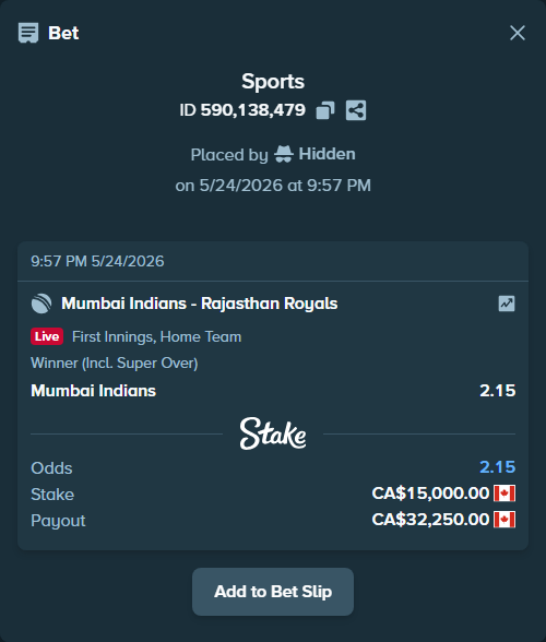 Bet slip: Mumbai Indians - Rajasthan Royals, $11,100.00 stake at 2.15 odds, placed by Hidden