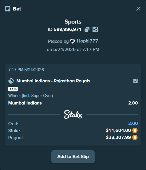 Bet slip: Mumbai Indians - Rajasthan Royals, $9,711.77 stake at 2.00 odds, placed by Hophi777