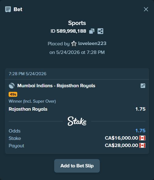 Bet slip: Mumbai Indians - Rajasthan Royals, $11,840.00 stake at 1.75 odds, placed by loveleen223