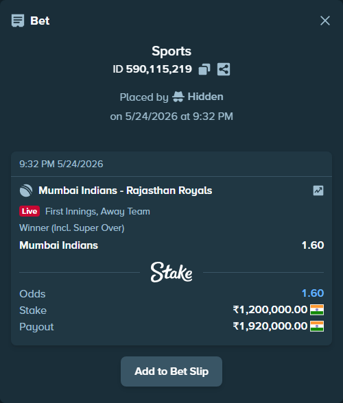Bet slip: Mumbai Indians - Rajasthan Royals, $14,400.00 stake at 1.60 odds, placed by Hidden
